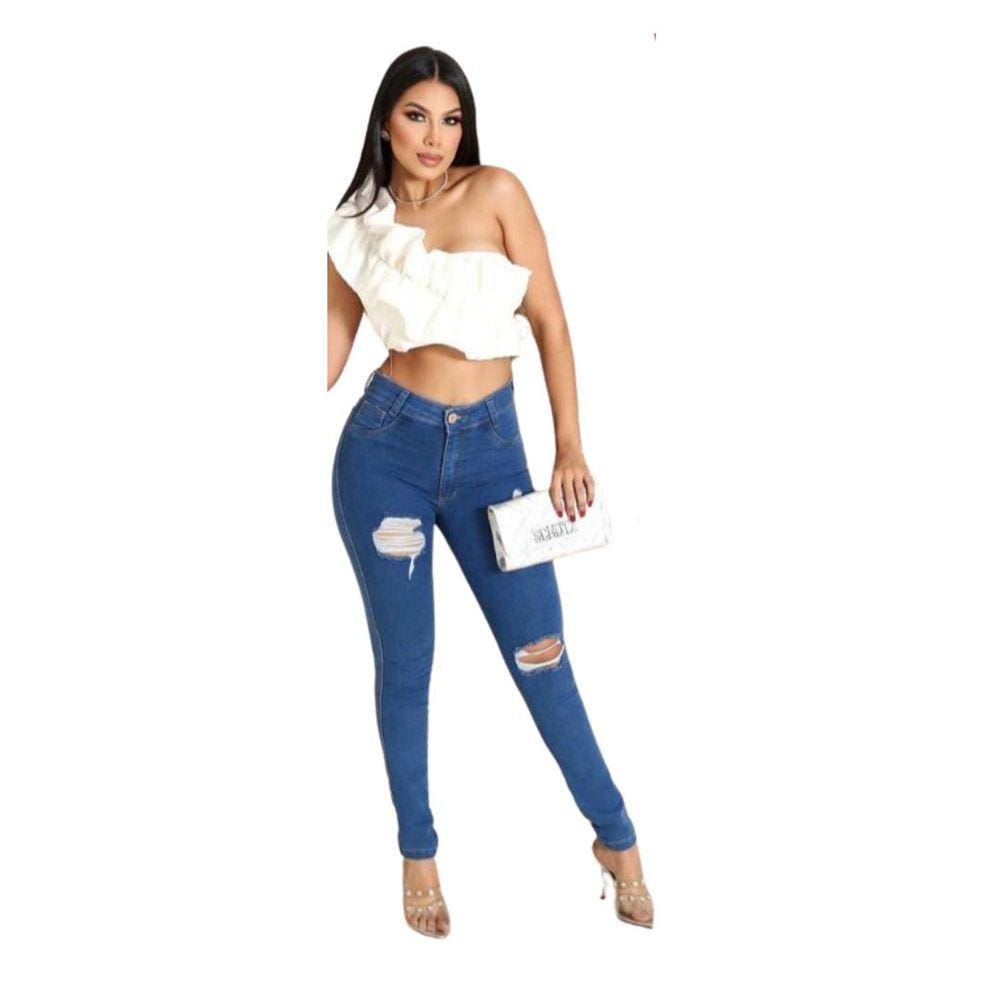 Calça Jeans Skinny Destroyed com lycra Azul - 800