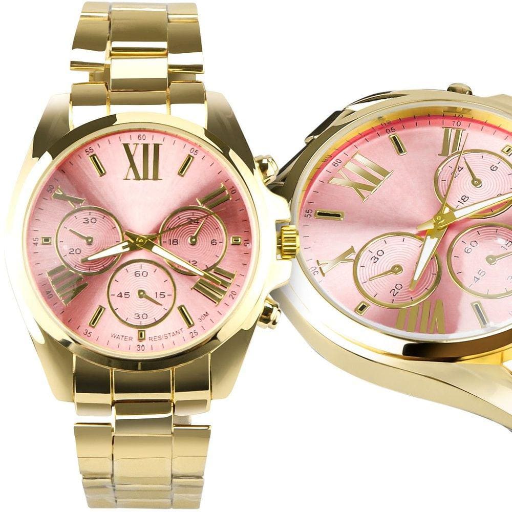 Relogio Feminino Banhado Prova Dagua Qualidade Premium Dourado Casual Rosa Social Presente