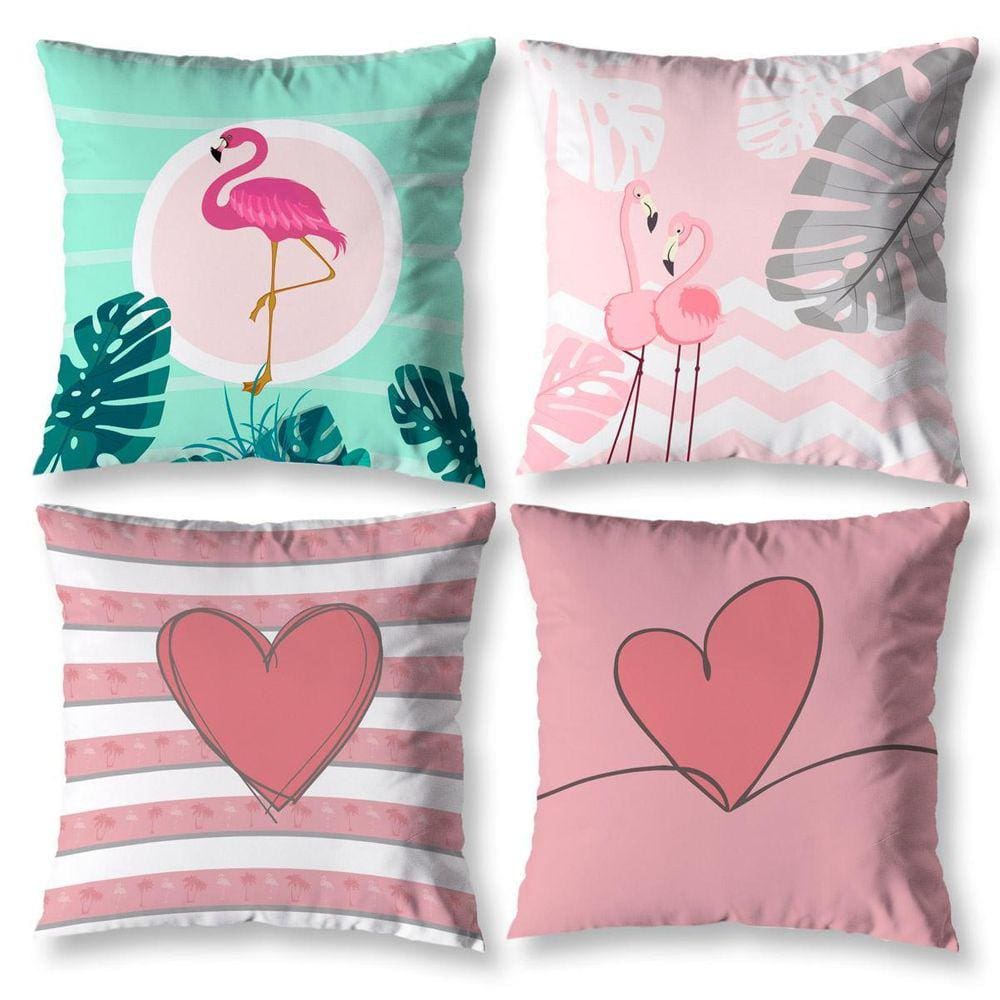 Kit 4 Almofadas Cheias Sala 40Cm X 40Cm Estampadas Flamingo
