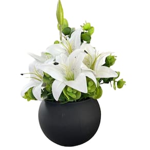 Arranjo Centro de Mesa Lírio Branco Completo Artificial Vaso Preto