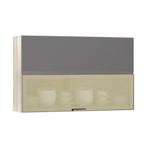Armário Basculante Misto 120cm 1 Porta Fechada 1 Porta Vidro Bronze Luci Legno Crema Com Cinza Puro