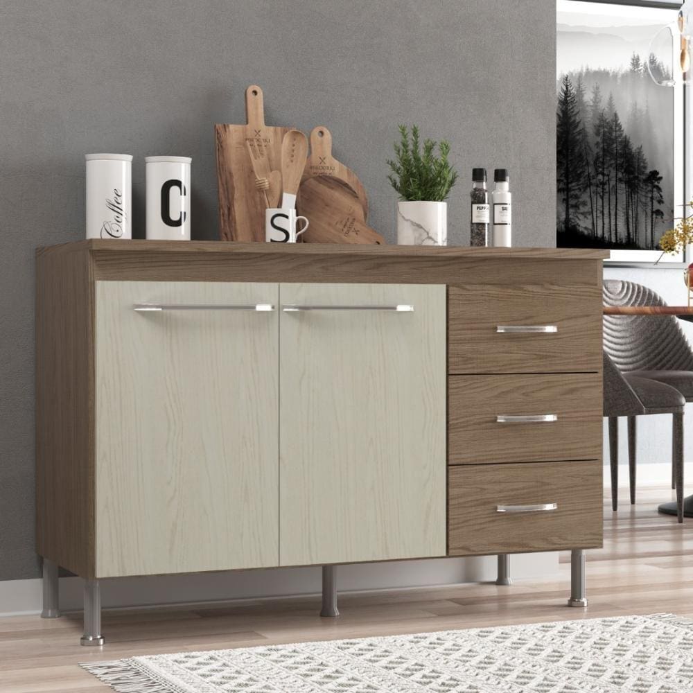 Balcão Modulado Para Cozinha Com Tampo Fidelitá Paris 120cm 2 Portas 3 Gavetas Nogal/Salinas