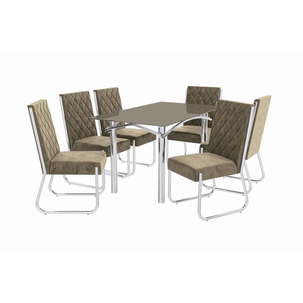 Conjunto Sala de Jantar Kappesberg Crome Tampo de Vidro 6 Cadeiras Cromado Veludo Bege