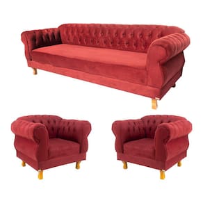 1 Sofá 2,00cm + 2 Poltronas Chesterfield Elisabeth Suede Bordo