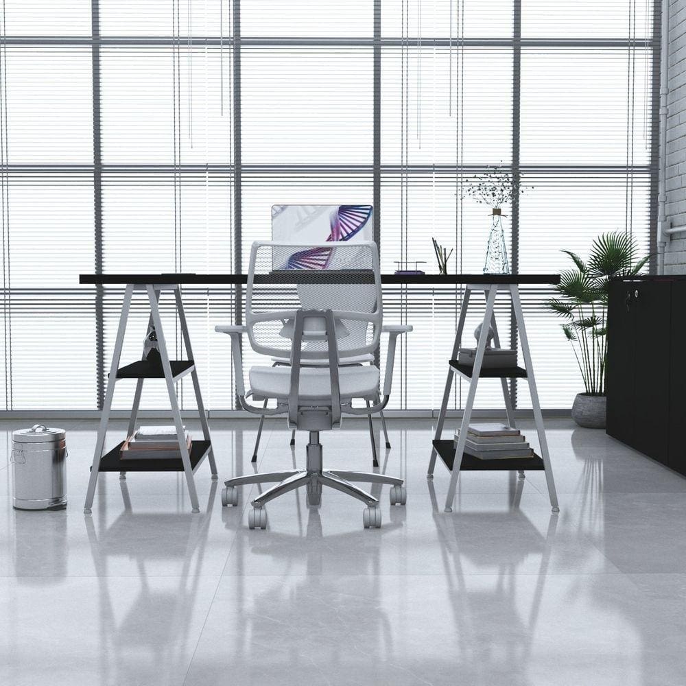 Escrivaninha Cavalete 150cm 4 Prateleiras Estilo Industrial Kuadra Preto Ônix / Est.Branca