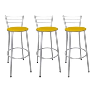 Kit 3 Banquetas Altas Prata com Encosto Assento Amarelo