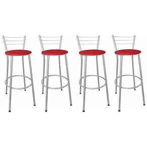 Kit 4 Banquetas Altas Prata com Encosto Assento Vermelho