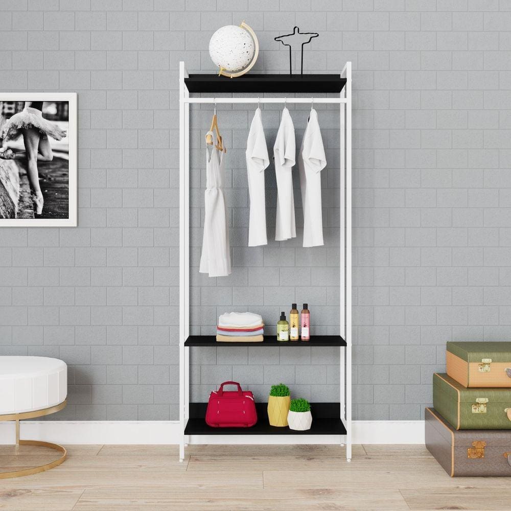 Estante Closet Arara 187x80cm 3 Prateleiras Active Yescasa Preto Ônix / Est.Branca