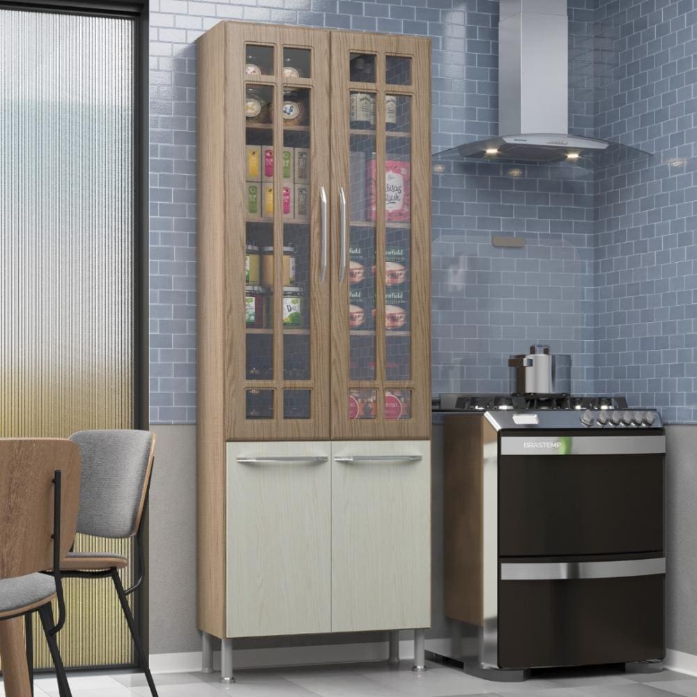 Paneleiro Duplo Modulado Com Vidro Fidelitá Paris 70cm 4 Portas Nogal/Salinas