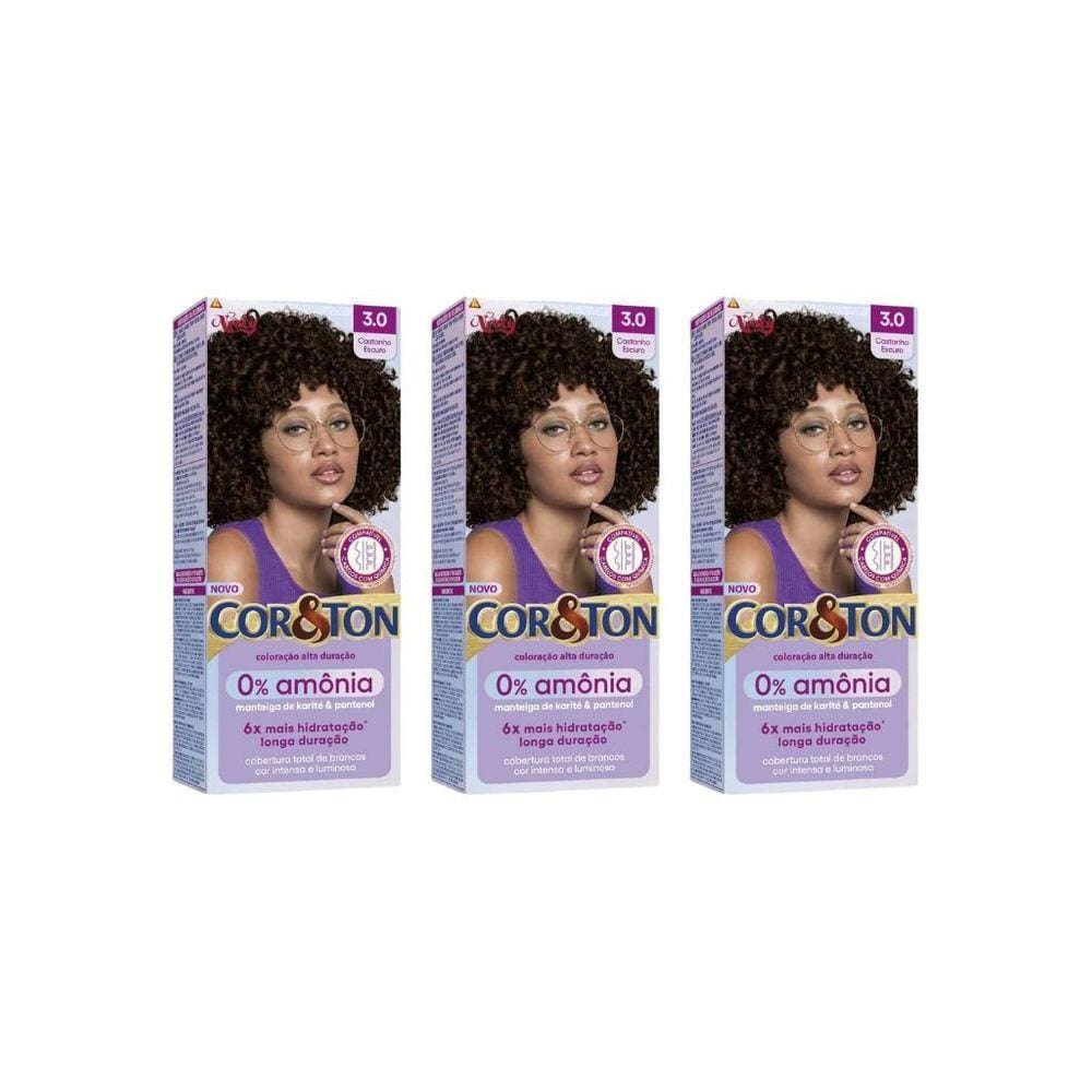 Coloraçao Cor&Ton Sem Amonia 3.0 Castanho Escuro-Kit C/3Un