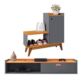 Kit Quarto Sapateira Shoes Banquinho Pés Madeira Rack Suspenso Home Decor Sala Decoração Casa Cinza/Cinamomo - RPM Móveis