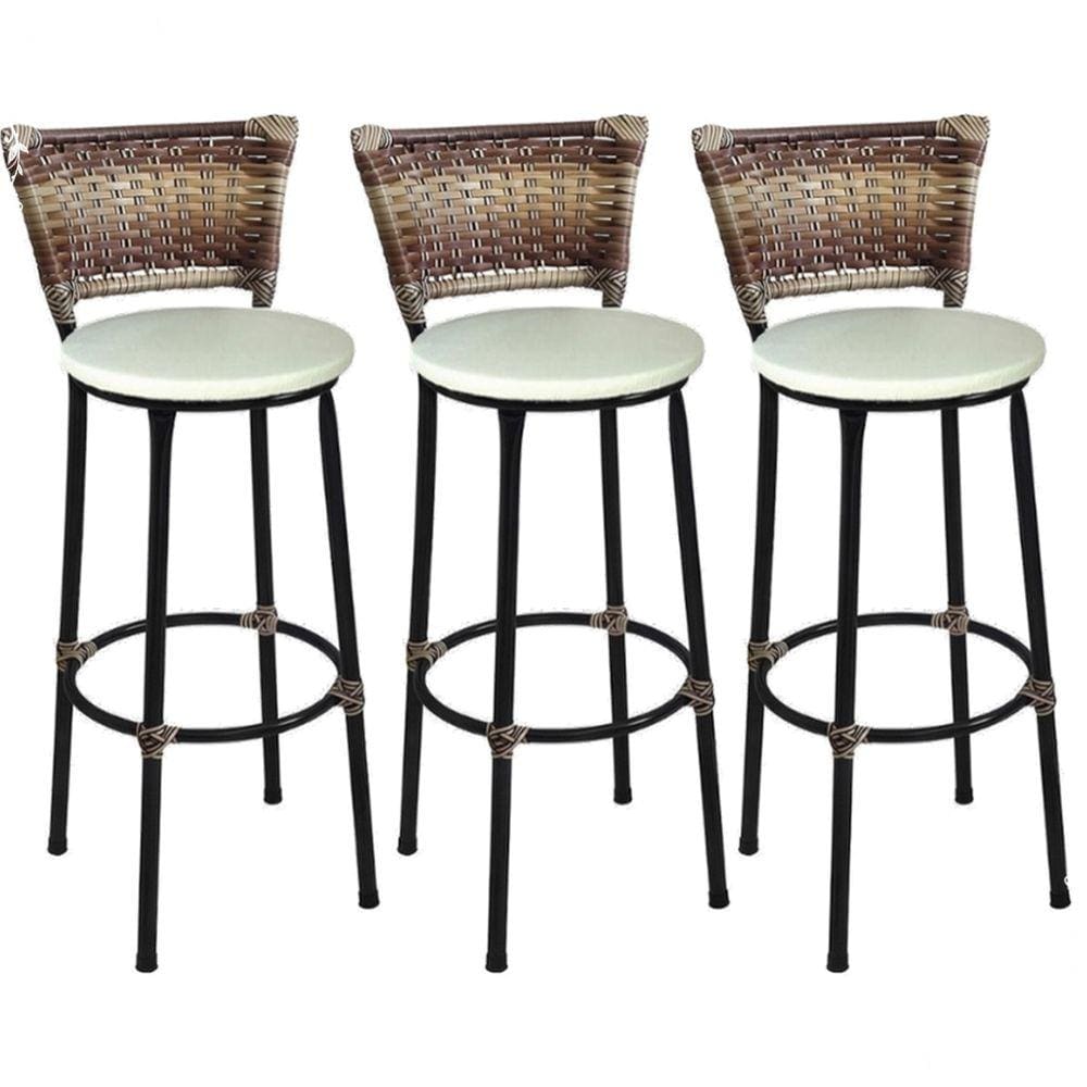 Kit 3 Banquetas Médias Preta com Encosto Junco Capuccino Assento Branco
