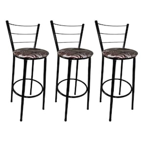 Kit 3 Banquetas Altas Preta com Encosto Assento Floral Marrom