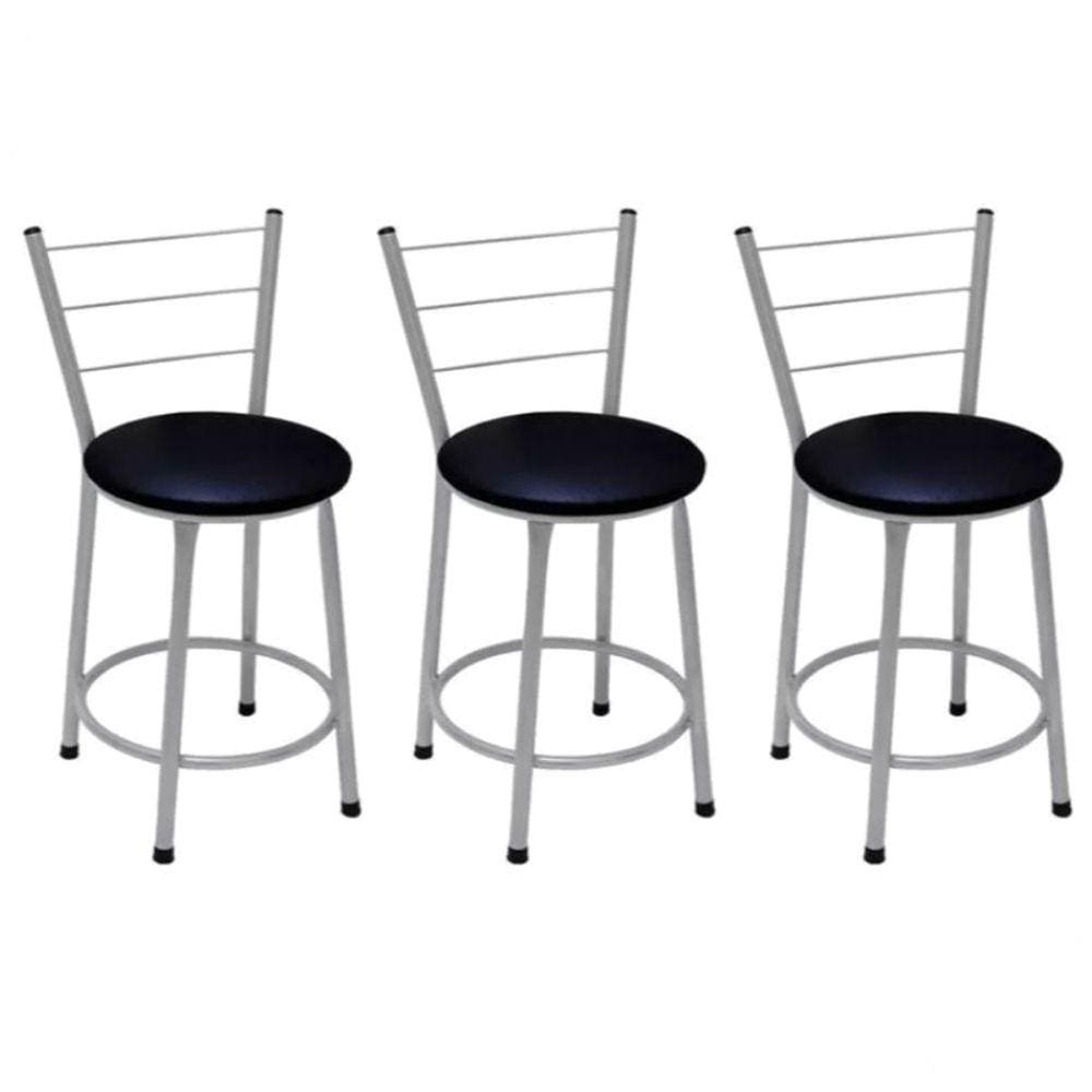 Kit 3 Banquetas Baixas Prata com Encosto Assento Preto