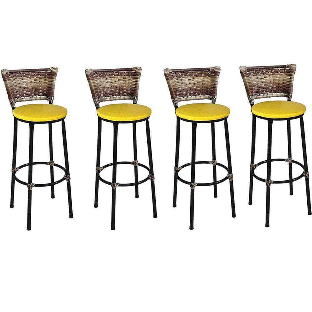 Kit 4 Banquetas Médias Preta com Encosto Junco Capuccino Assento Amarelo