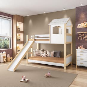 Beliche Infantil Casinha Com Escorregador Madeira e MDF - Casatema Branco/Natural