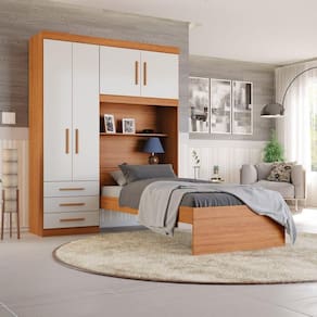 Guarda-Roupa Solteiro com Cama Solteiro 4 Portas 3 Gavetas Advantage Freijó Wood/Off-White
