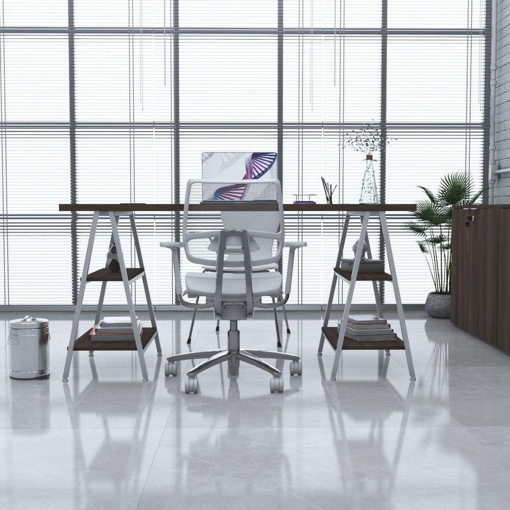 Escrivaninha Cavalete 150cm 4 Prateleiras Estilo Industrial Kuadra Nogal / Est.Branca