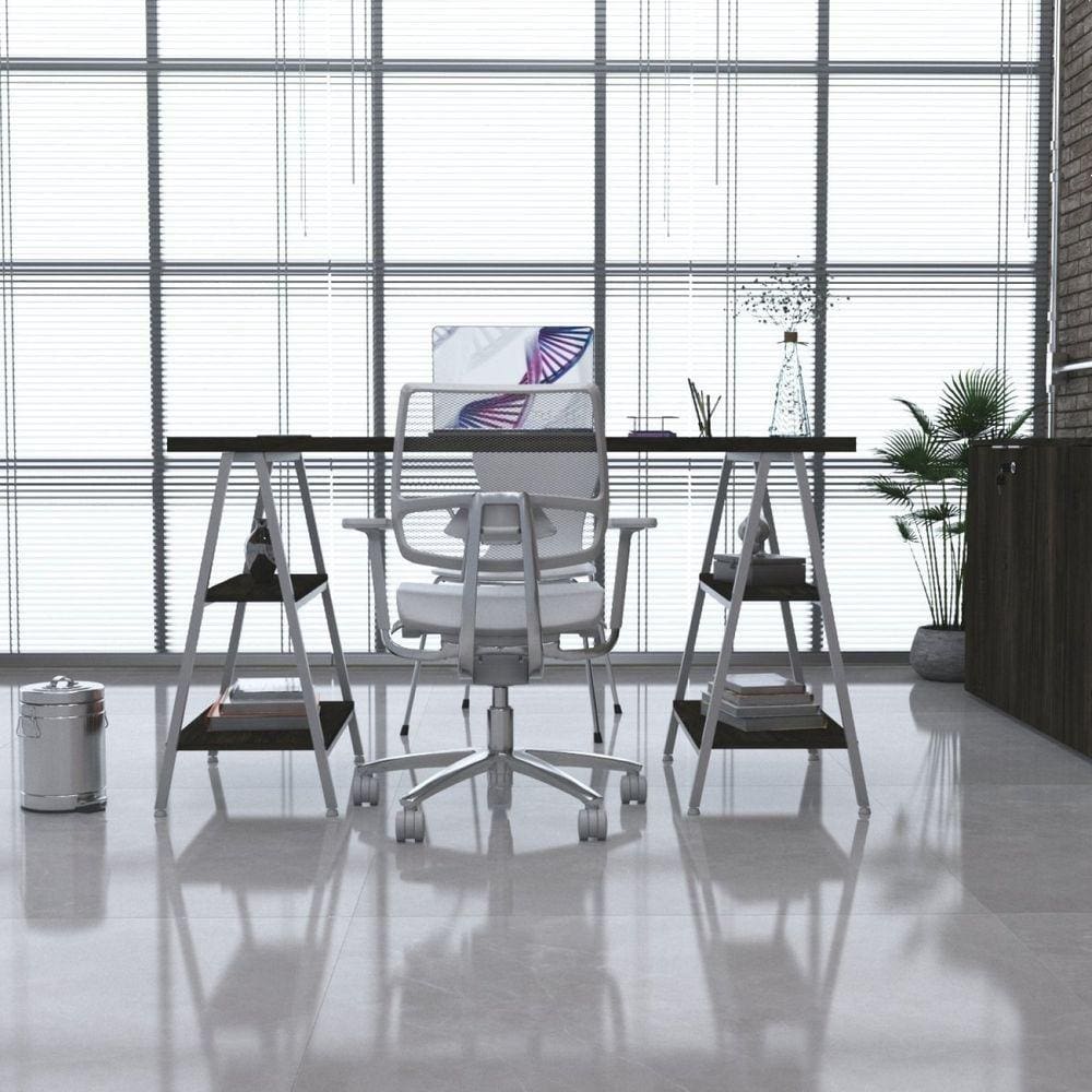 Escrivaninha Cavalete 135cm 4 Prateleiras Estilo Industrial Kuadra Carvalho Dark / Est.Branca