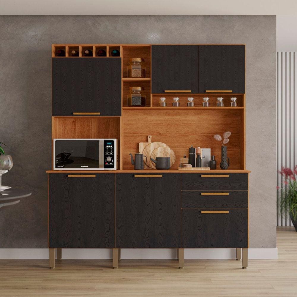 Armário de Cozinha 6 Portas 2 Gavetas New Topázio Cinamomo/Preto