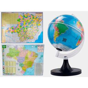 Kit Globo Terrestre 21cm Profissional + Mapa de Minas Gerais + Mapa do Brasil 120x90cm Atualizado Escolar