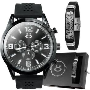 Relogio Preto Aço Inox Masculino + Pai Nosso Pulseira +