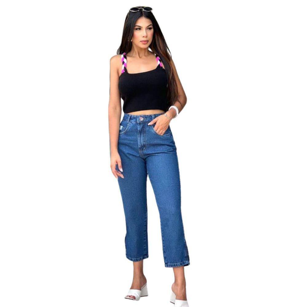 Calça Mom com abertura na lateral Azul - 5284