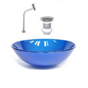 Kit Cuba Vidro Redonda 31cm Torneira e Válvula Azul Escuro