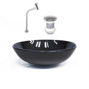 Kit Cuba Vidro Redonda 31cm Torneira e Válvula Preto