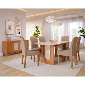 Sala de Jantar Valentina 180cm com 6 Cadeiras Juliana Wood Cinamomo/Off White/Mad/Bege