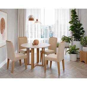 Sala de Jantar Flora Redonda com 4 Cadeiras Nicole Marrom/Off White/Nude