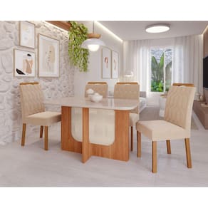 Sala de Jantar Louise 130cm com 4 Cadeiras Paola Wood Cinamomo/Off White/Madeira/Nude