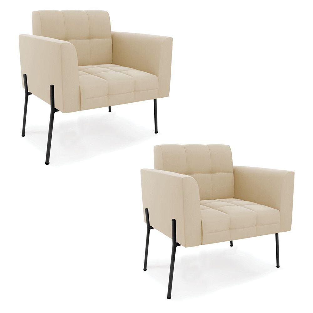 Poltrona Pé de Ferro Preto para Sala Kit 2 Elisa Suede Bege D03 - D`Rossi