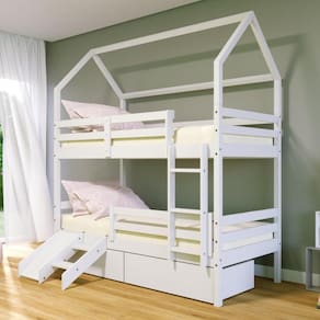 Beliche Casinha Solteiro Slim RB com 02 Gavetas Grade de Proteção e Mini Escada/Escorregador Madeira Maciça Branco Housin