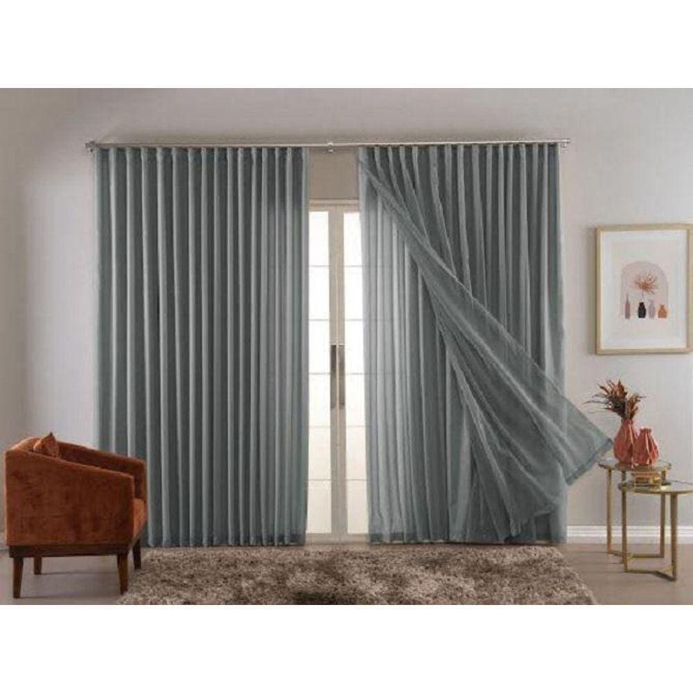 Cortina Trilho Suiço Duplo Forro Com Linho Cinza 6.00 X 2.80