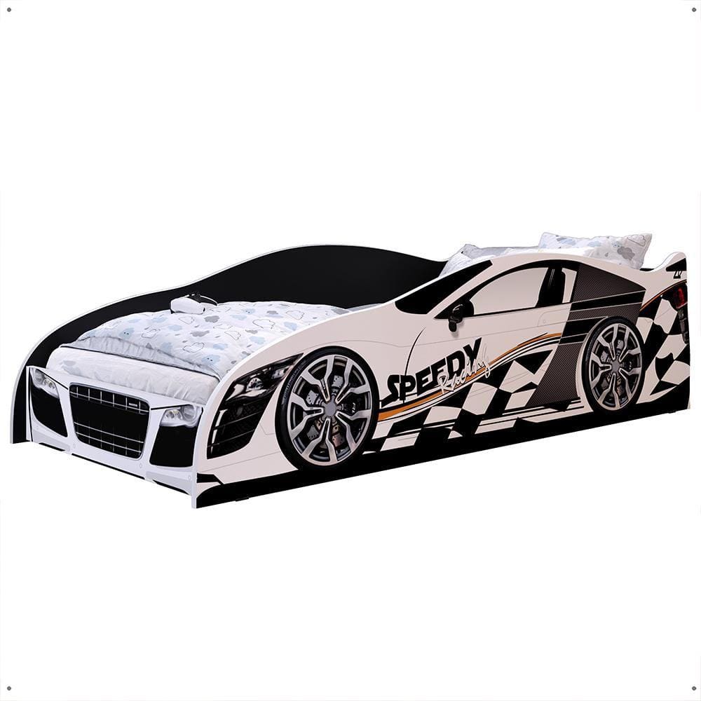 Mini Cama Infantil Carro Corrida Speedy MDF Montessoriana Proteção Lateral Decoração Kids Tema Quarto Menino - Branco/Preto - RPM