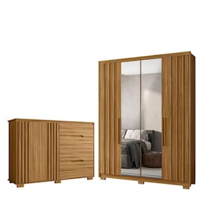 Kit Guarda Roupa c/ Espelho 4 Portas E Cômoda Sapateira Munique M01 Freijó Clique Chique