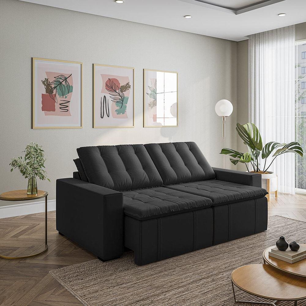 Sofá Cama Retrátil e Reclinável 3 Lugares 220cm Veludo Palmeira Cabecasa MadeiraMadeira Preto