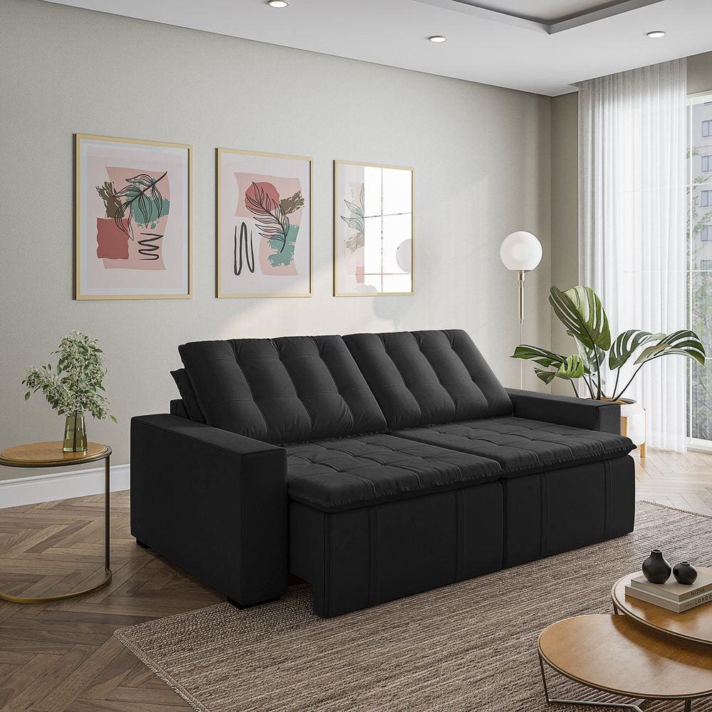 Sofá Cama Retrátil e Reclinável 3 Lugares 260cm Veludo Palmeira Cabecasa MadeiraMadeira Preto