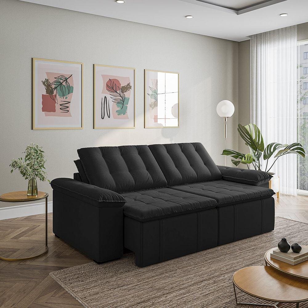 Sofá Cama Retrátil e Reclinável 3 Lugares 260cm Veludo Palmeira Cabecasa MadeiraMadeira Preto