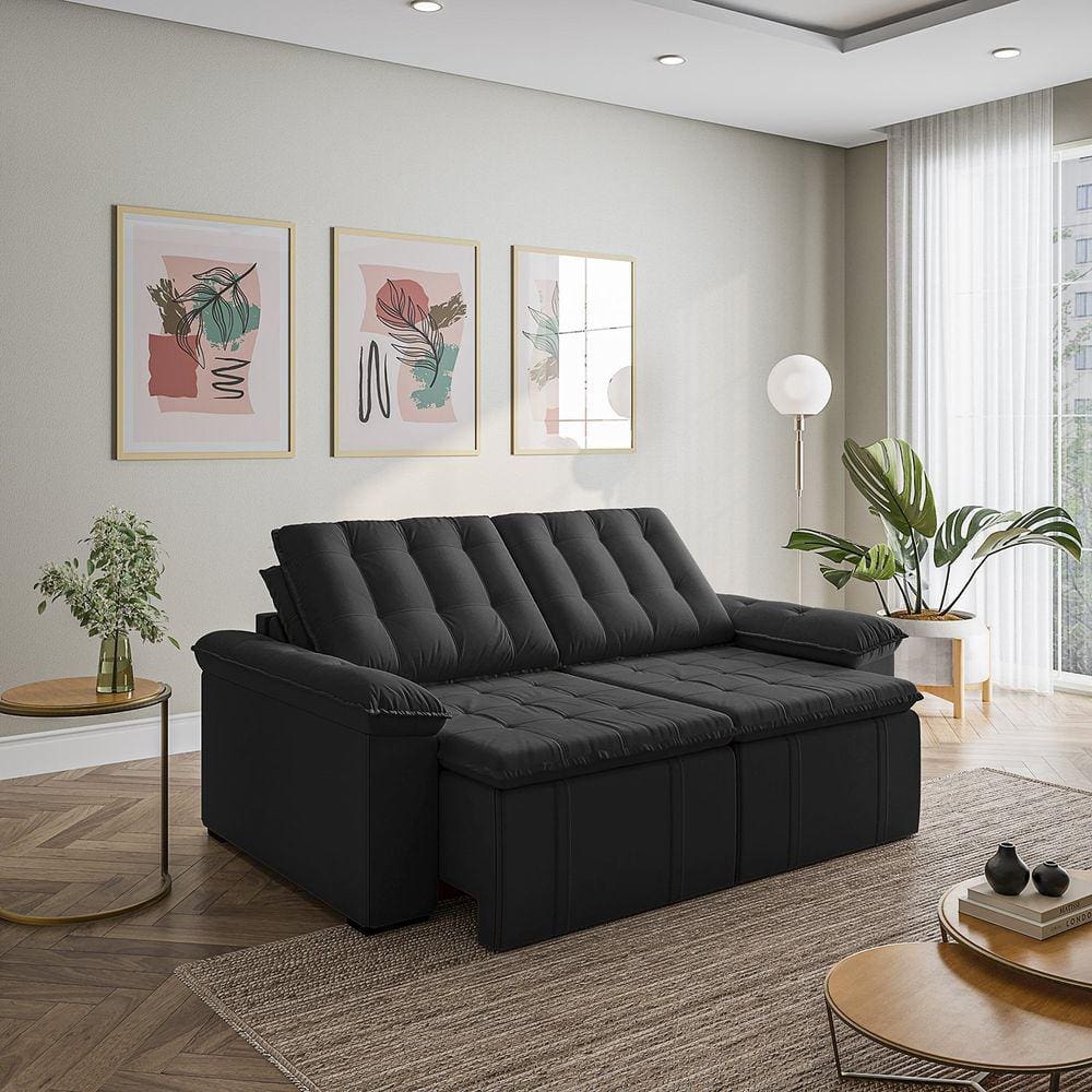Sofá Cama Palmeira 3 Lugares Retrátil Reclinável 200cm CabeCasa MadeiraMadeira Preto