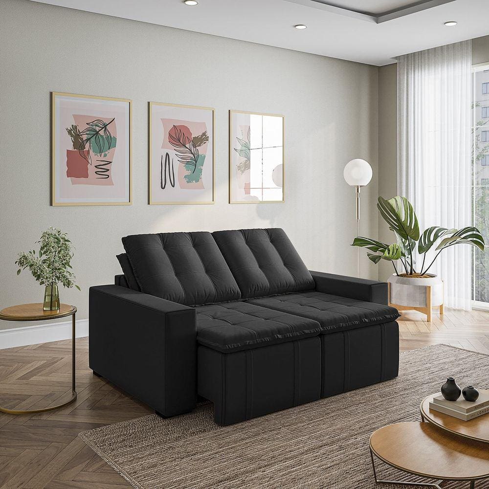 Sofá Cama Retrátil e Reclinável 3 Lugares 180cm Veludo Palmeira Cabecasa  MadeiraMadeira Preto