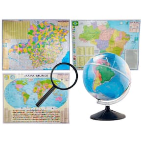 Kit Globo Terrestre 30cm Com Led + Lupa + Mapas do Brasil Estado de SP e Mundi 120x90cm Atualizado