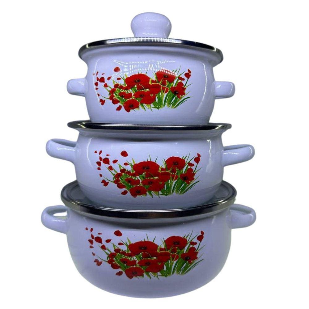 Jogo Caçarola Pequena 3 Peças Esmaltada Modelo:Flor Vermelha
