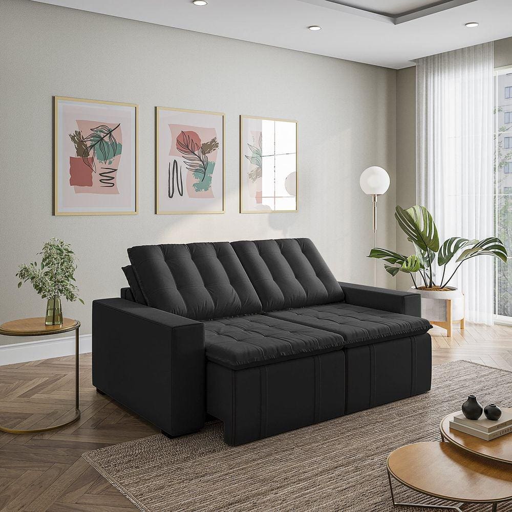 Sofá Cama Retrátil e Reclinável 3 Lugares 200cm Veludo Palmeira Cabecasa  MadeiraMadeira Preto