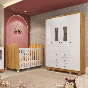 Quarto de Bebê Guarda-Roupas 4 Portas Janeladas e Berço com Rodízios 100% MDF Lana Espresso Móveis