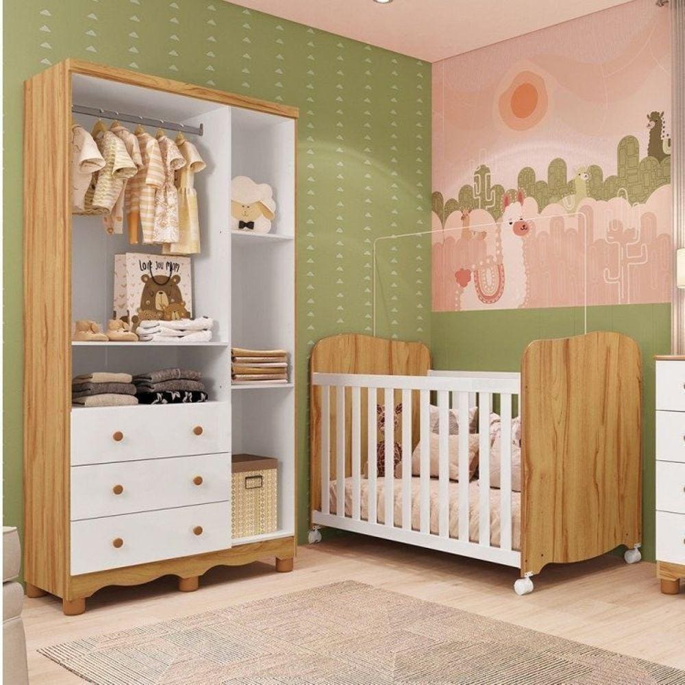 Quarto de Bebê com Guarda Roupas 3 Portas 3 Gavetas e Berço Espresso Móveis Branco Brilho/Amêndoa