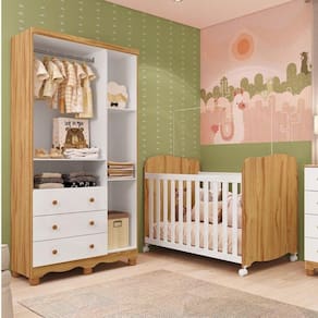 Quarto de Bebê com Guarda Roupas 3 Portas 3 Gavetas e Berço Espresso Móveis Branco Brilho/Amêndoa