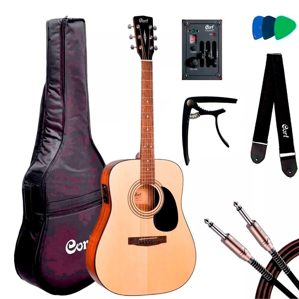 Violão Elétrico Aço 6 Cordas Cort AD810E Open Pore + Capa Luxo + Capotraste + Cabo P10