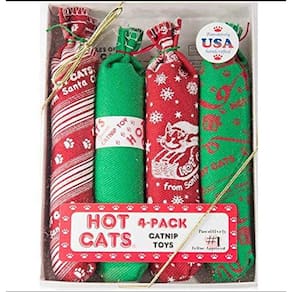 Brinquedo de salsicha Catnip Hot Cats HotCat, pacote com 4, design de Natal